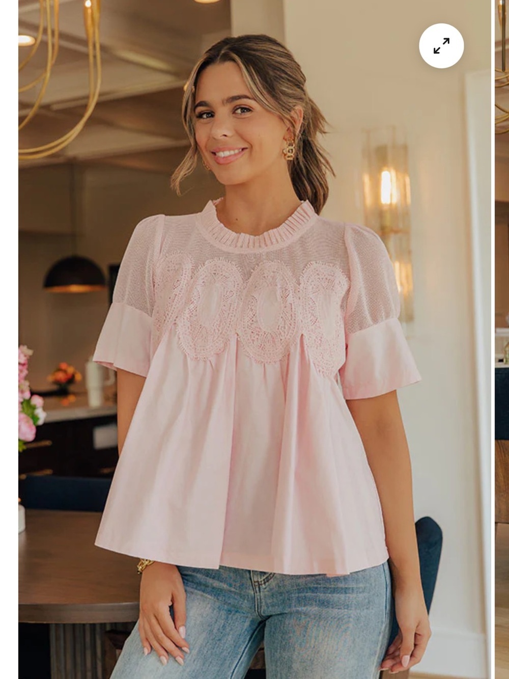 Women’s Pink Lace Yoke Short Sleeve Top